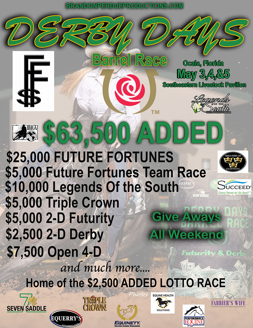 Derby Days race flyer for May 3-5 2025 in the southeastern livestock pavilion